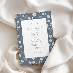 Dusty blue white elegant floral garden wedding invitation
