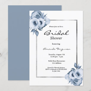 Dusty blue white elegant florals bridal shower invitation
