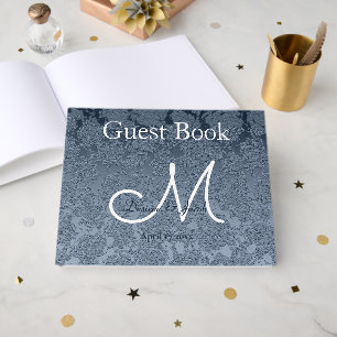 Dusty Blue White Elegant Wedding Monogram Guest Book