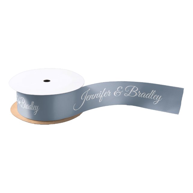 Dusty Blue White Elegant Wedding Personalised Name Satin Ribbon (Spool)