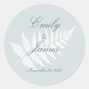 Dusty Blue White Fern Minimalist Botanical Classic Round Sticker