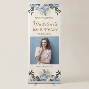 Dusty Blue White Floral 40th Birthday Photo Retractable Banner