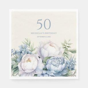 Dusty Blue White Floral 50th Birthday Name Napkin