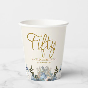 Dusty Blue White Floral 50th Birthday Name Paper Cups