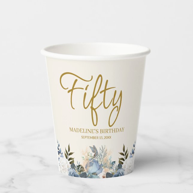 Dusty Blue White Floral 50th Birthday Name Paper Cups (Front)