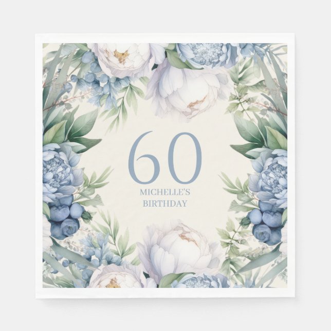 Dusty Blue White Floral 60th Birthday Napkin (Front)