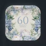 Dusty Blue White Floral 60th Birthday Paper Plate<br><div class="desc">Dusty blue and white floral women's 60th birthday (or any age) party paper plates. Personalised with the name and age of the guest of honour.  Contact me for assistance with your customisations or to request additional matching or coordinating Zazzle products for your party.</div>