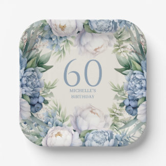Dusty Blue White Floral 60th Birthday Paper Plate