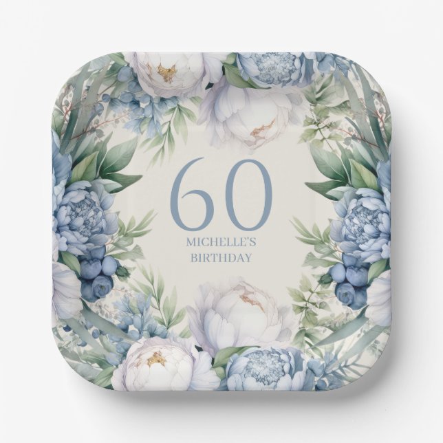 Dusty Blue White Floral 60th Birthday Paper Plate (Front)