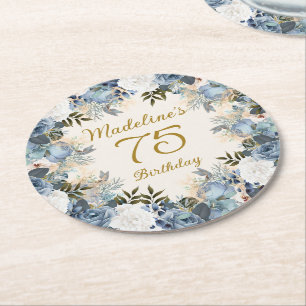 Dusty Blue White Floral 75th Birthday Name Round Paper Coaster