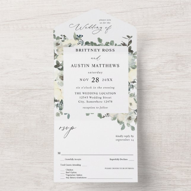 Dusty Blue & White Floral  All In One Invitation (Inside)