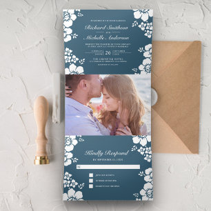 Dusty Blue White Floral All in One Photo Wedding Tri-Fold Invitation