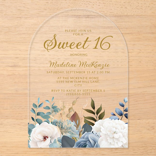Dusty Blue White Floral Arch Sweet 16  Acrylic Invitations (Front)