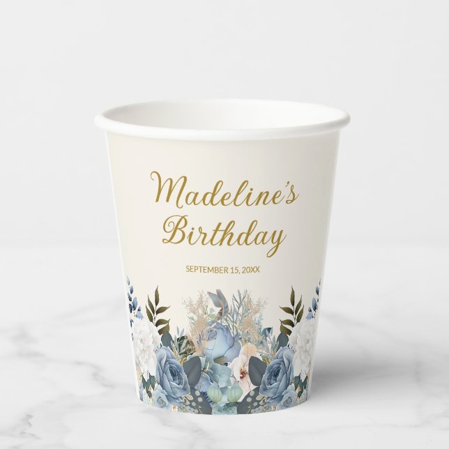Dusty Blue White Floral Birthday Name Paper Cups (Front)