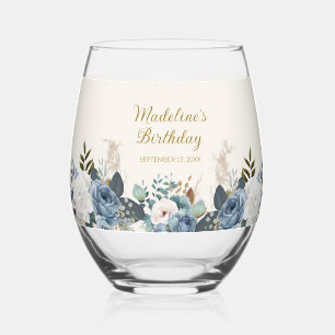Dusty Blue White Floral Birthday Name Stemless Wine Glass