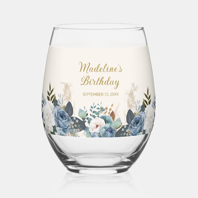 Dusty Blue White Floral Birthday Name Stemless Wine Glass (Front)