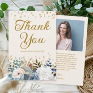 Dusty Blue White Floral Birthday Photo Thank You Card