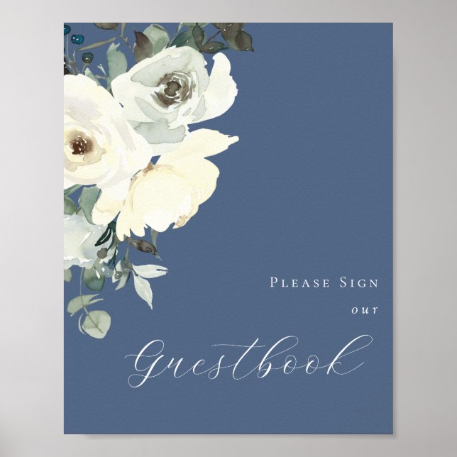 Dusty Blue & White Floral- Blue Guestbook Sign (Front)