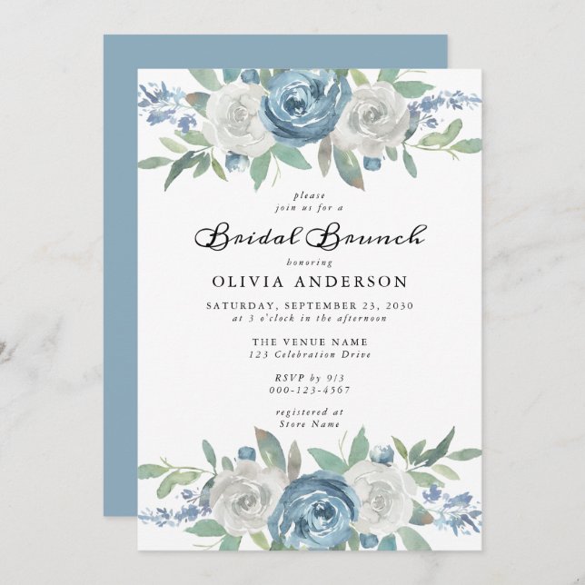 Dusty Blue & White Floral Bridal Brunch Invitation (Front/Back)