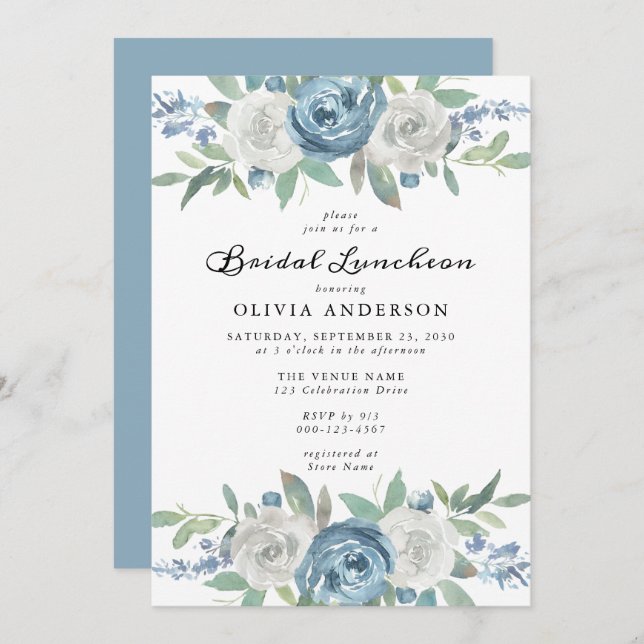Dusty Blue & White Floral Bridal Luncheon Invitation (Front/Back)