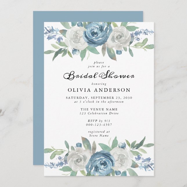 Dusty Blue & White Floral Bridal Shower Invitation (Front/Back)