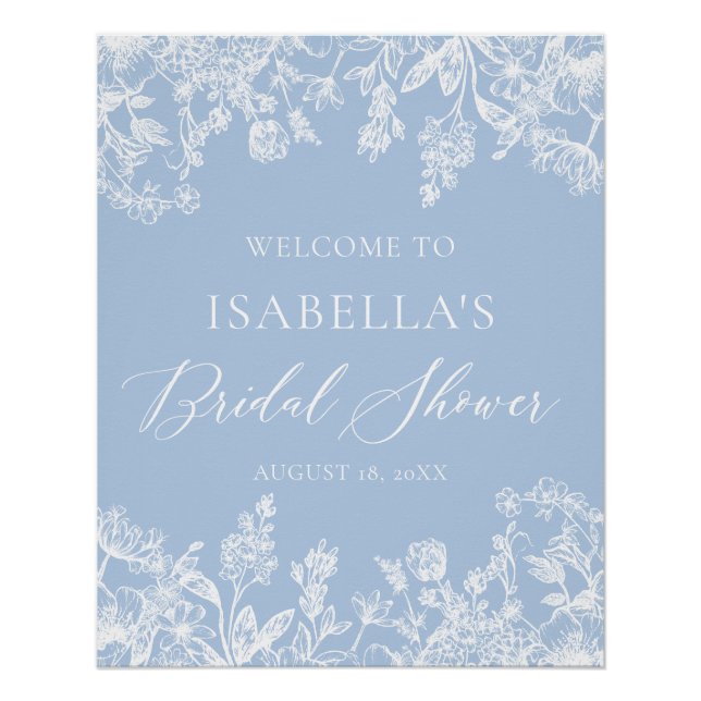 Dusty Blue White Floral Bridal Shower Welcome Sign (Front)