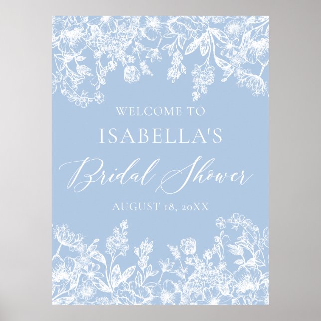 Dusty Blue White Floral Bridal Shower Welcome Sign (Front)