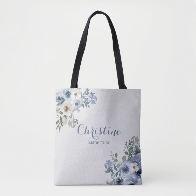 Dusty Blue White Floral Bride Tribe Tote Bag (Front)