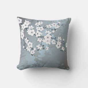 Dusty Blue White Floral Cherry Blossoms Outdoor Cushion