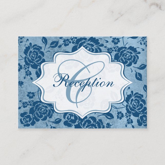 Dusty Blue, White Floral Damask Enclosure Card (Front)