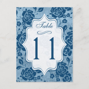 Dusty Blue, White Floral Damask Table Number Card