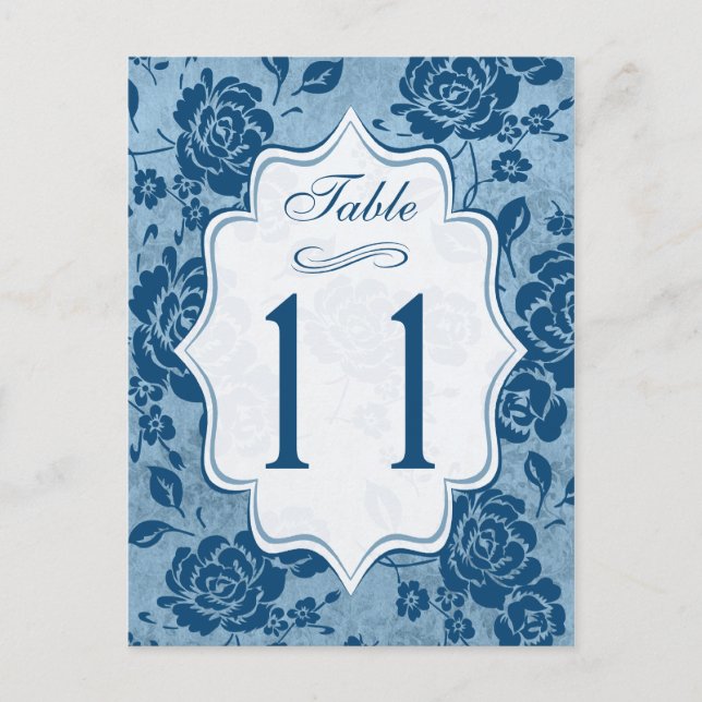 Dusty Blue, White Floral Damask Table Number Card (Front)