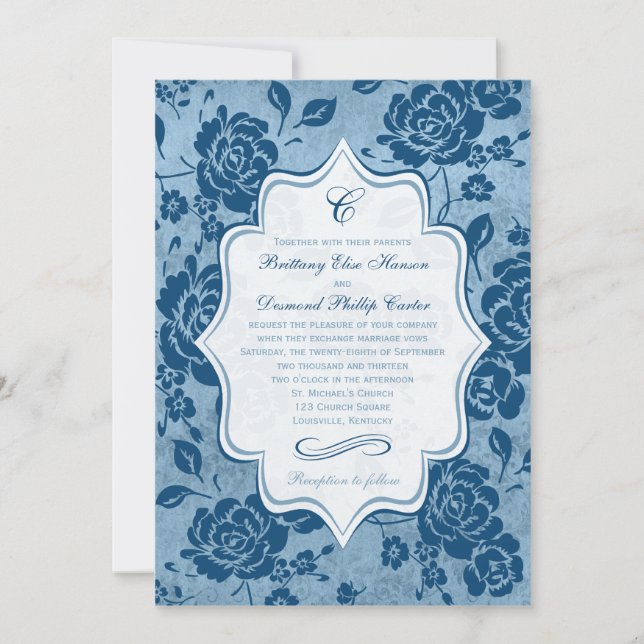 Dusty Blue, White Floral Damask Wedding Invitation (Front)