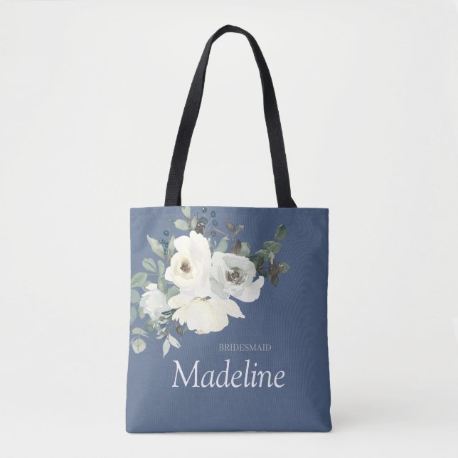 Dusty Blue & White Floral- Dusty Blue Tote Bag (Front)