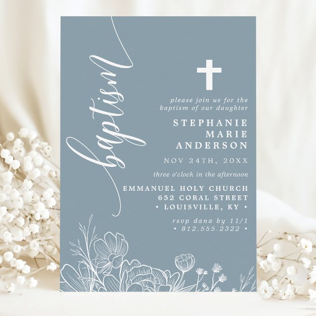 Dusty Blue White Floral Elegant Script Baptism Invitation (Creator Uploaded)
