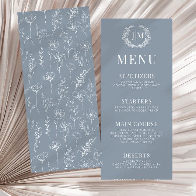 Dusty blue white floral elegant wedding menu (Creator Uploaded)