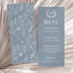 Dusty blue white floral elegant wedding menu
