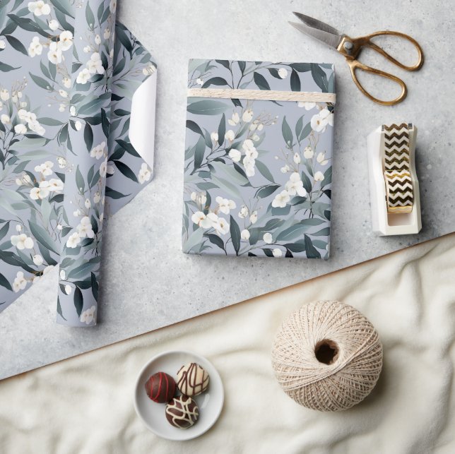 Dusty Blue White Floral Eucalyptus  Wrapping Paper (Crafts)