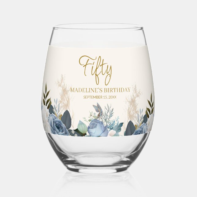 Dusty Blue White Floral Fifty Birthday Name Stemless Wine Glass (Front)