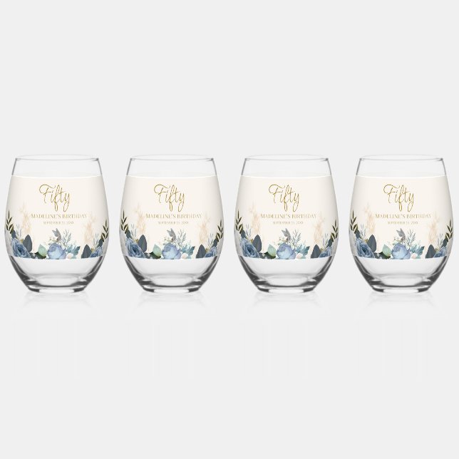 Dusty Blue White Floral Fifty Birthday Set of 4 Stemless Wine Glass (Front)