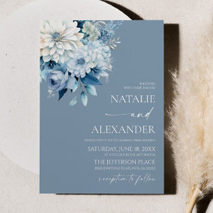 Dusty Blue White Floral Flower Garden Wedding Invitation