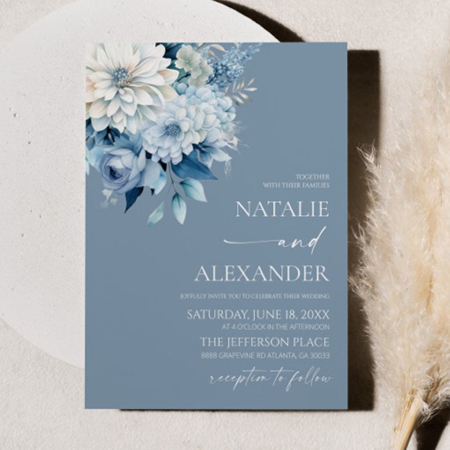 Dusty Blue White Floral Flower Garden Wedding Invitation (Creator Uploaded)