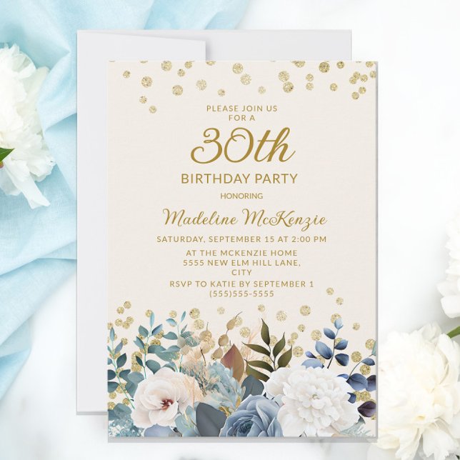 Dusty Blue White Floral Gold 30th Birthday Invitation (Creator Uploaded)