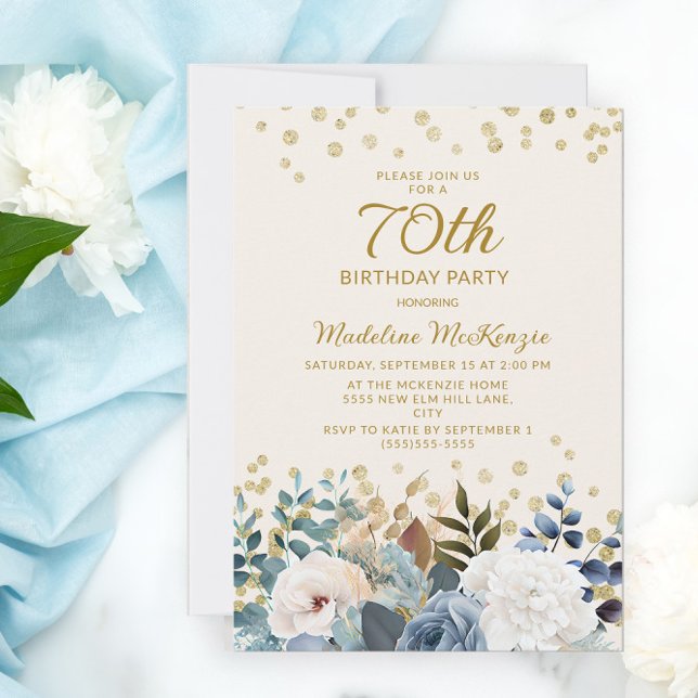 Dusty Blue White Floral Gold 70th Birthday Invitation (Creator Uploaded)