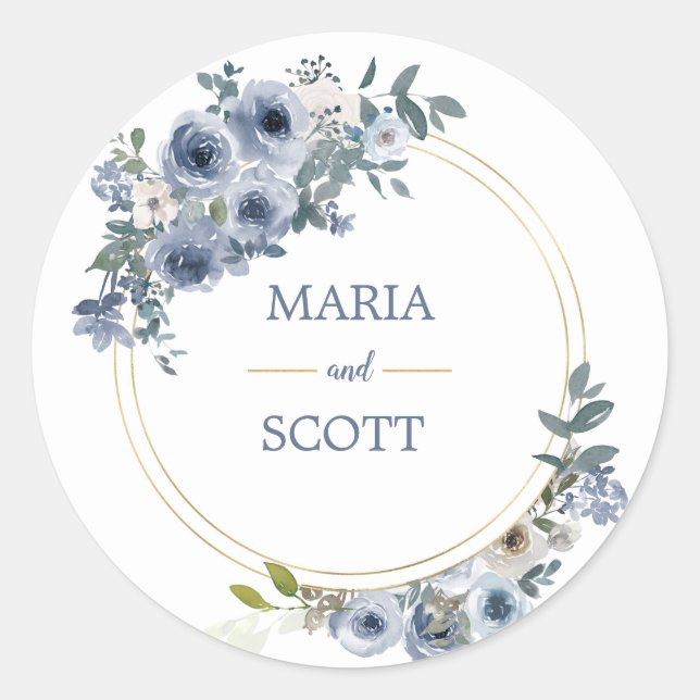 Dusty Blue White Floral Gold Foil Wedding Sticker (Front)