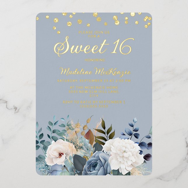 Dusty Blue White Floral Gold Glitter Sweet 16 (Front)