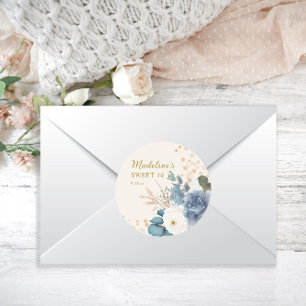 Dusty Blue White Floral Gold Glitter Sweet 16  Classic Round Sticker