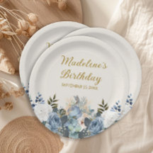 Dusty Blue White Floral Gold Happy Birthday Name