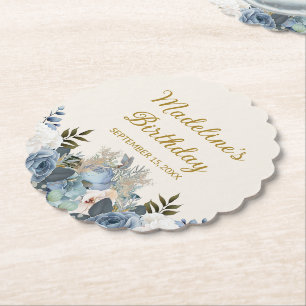 Dusty Blue White Floral Happy Birthday Name Paper Coaster