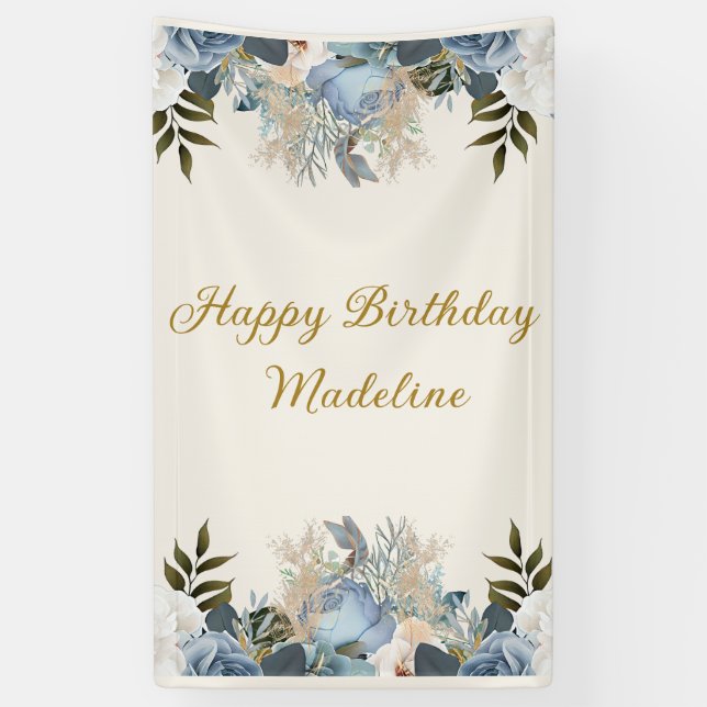 Dusty Blue White Floral Happy Birthday Vertical Banner (Vertical)